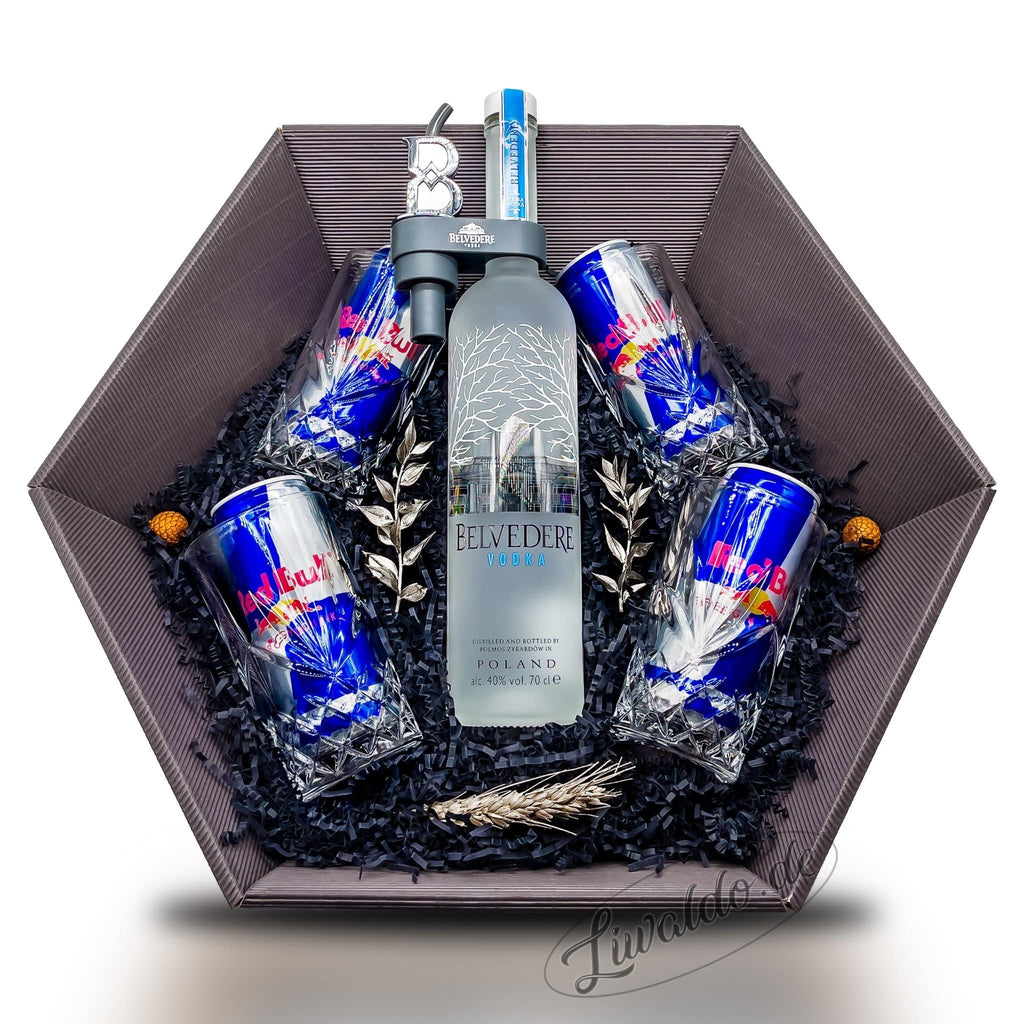 Bel Air (Belvedere inkl. Ausgießer) Geschenkkorb Vodka, Nachtmann Longdrinkgläser & Red Bull - Liwaldo