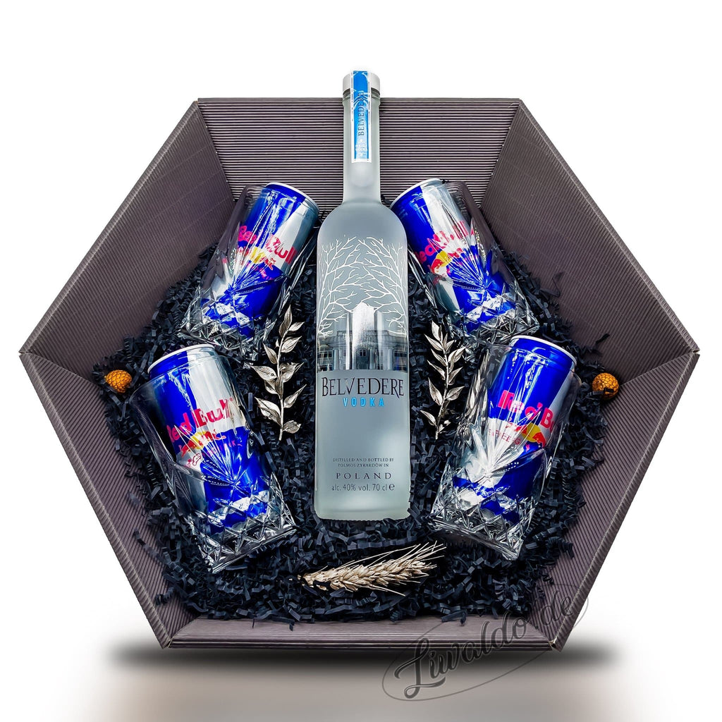 Bellisimo Duo (Belvedere) Geschenkkorb Vodka, Nachtmann Longdrinkgläser & Red Bull - Liwaldo