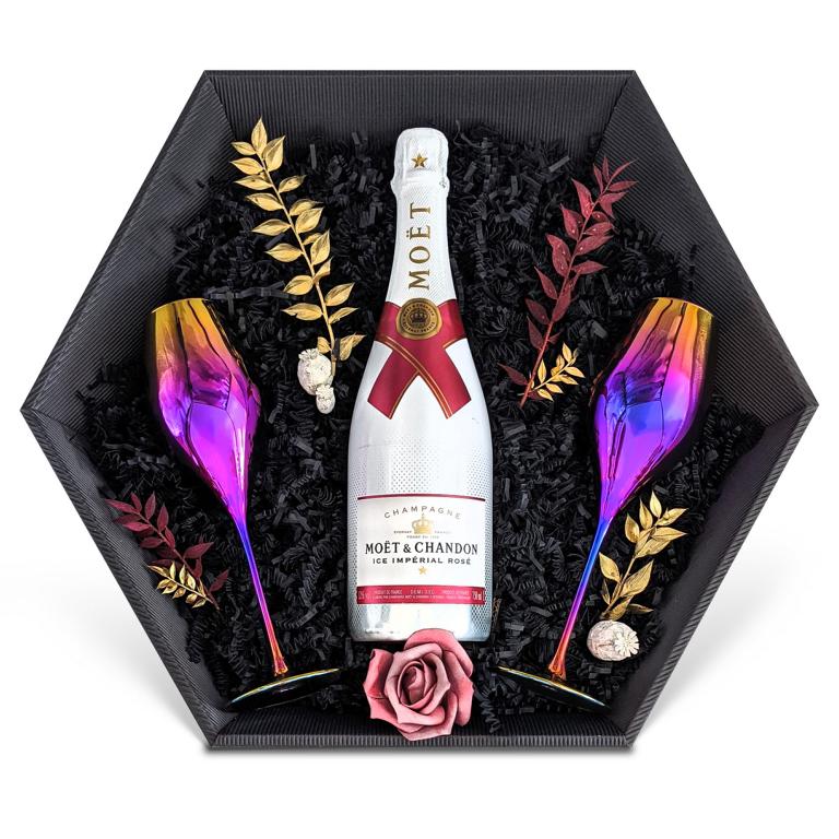 Geschenkset Champagner Moët & Chandon Ice Impérial Rosé Champagne 12% 0,75 l inkl. Champagnergläser Liwaldo Metallic - Liwaldo