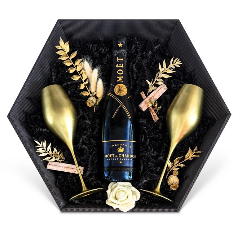 Geschenkset Champagner Moët & Chandon Nectar Impérial Champagne 12% 0,75 l inkl. Champagnergläser Liwaldo Color - Liwaldo