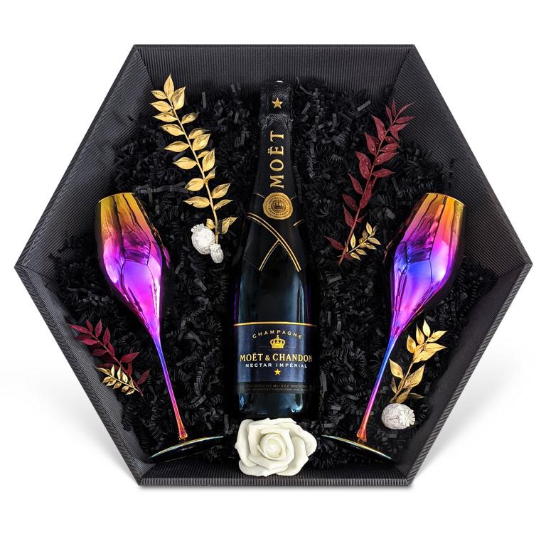 Geschenkset Champagner Moët & Chandon Nectar Impérial Champagne 12% 0,75 l inkl. Champagnergläser Liwaldo Metallic - Liwaldo