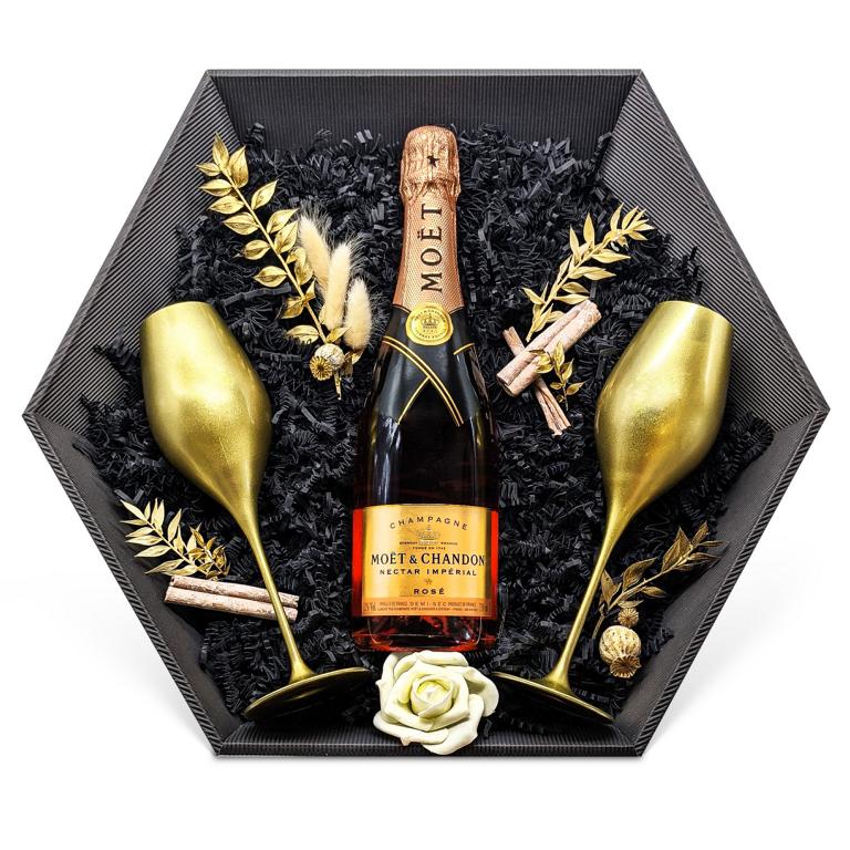 Geschenkset Champagner Moët & Chandon Nectar Impérial Rosé Champagne 12% 0,75 l inkl. Champagnergläser Liwaldo Color - Liwaldo