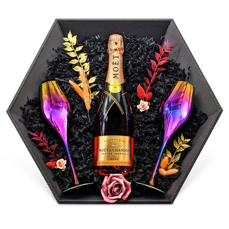 Geschenkset Champagner Moët & Chandon Nectar Impérial Rosé Champagne 12% 0,75 l inkl. Champagnergläser Liwaldo Metallic - Liwaldo