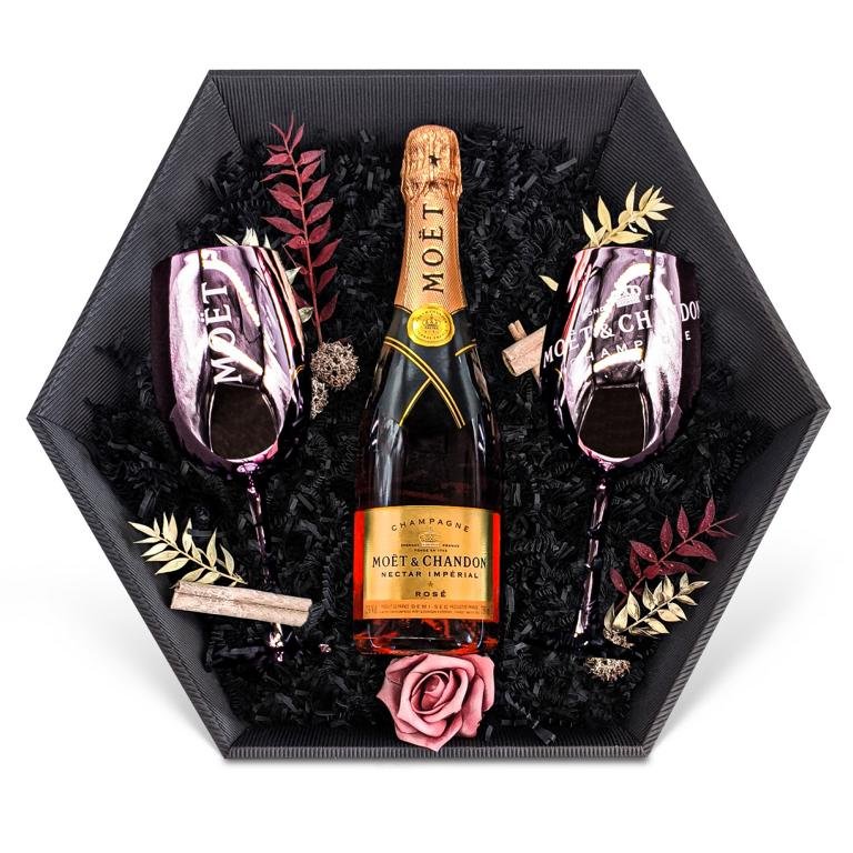 Geschenkset Champagner Moët & Chandon Nectar Impérial Rosé Champagne 12% 0,75 l inkl. Moët-Gläser Deiner Wahl - Liwaldo
