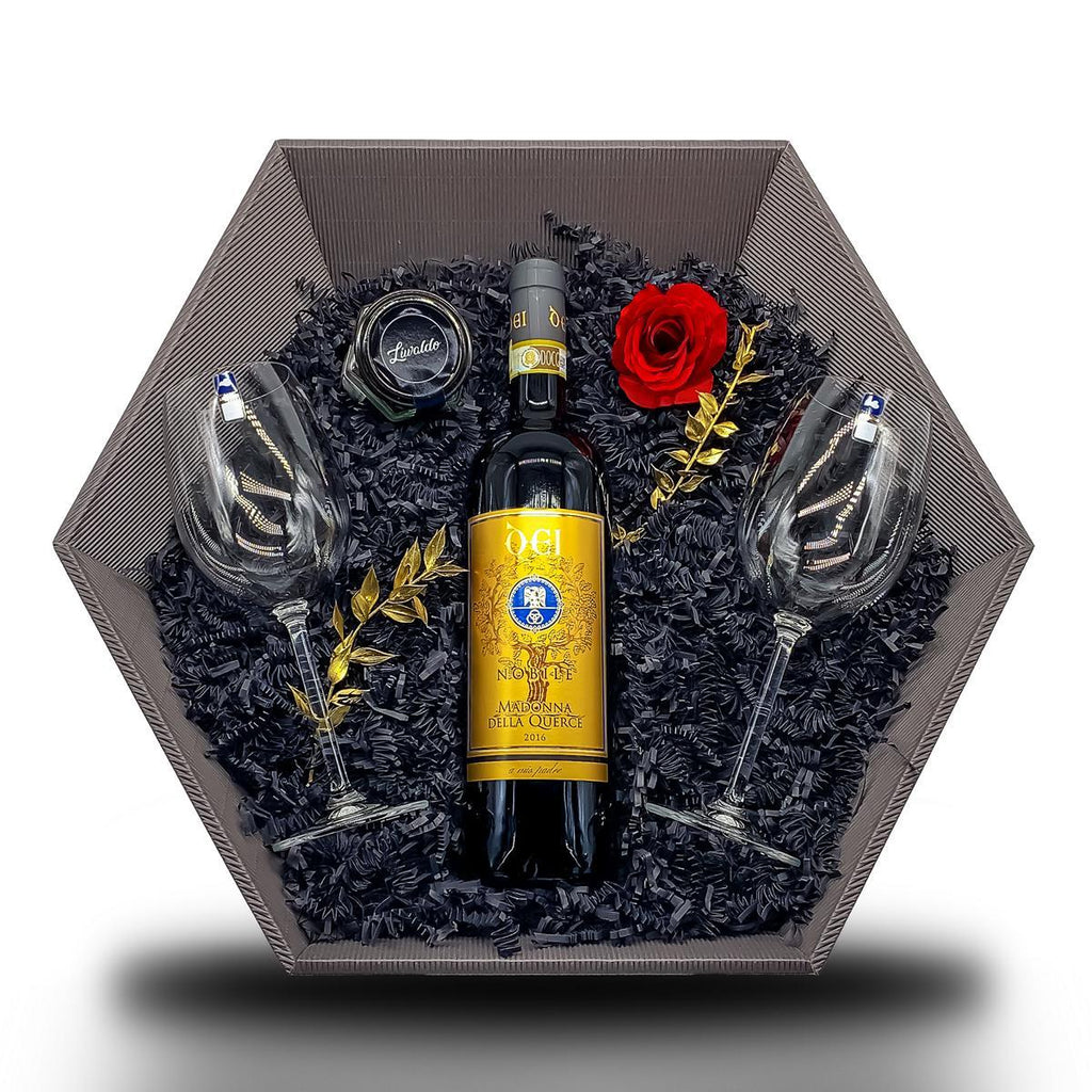 Geschenkset Wein Nobile Madonna della Querce - 15% 0,75L Jahrgang 2016 inkl. Leonardo Gläser - Liwaldo