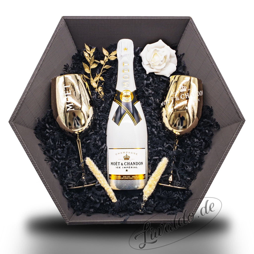 Gold Gold Baby (Moët & Chandon Ice Impérial) Geschenkkorb Champagner & Moët-Gläser LIMITIERT - Liwaldo