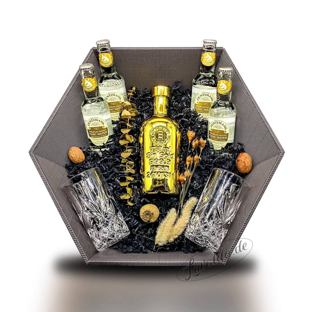 Gold Schatz (Gold 999.99 Finest Blend Gin) Geschenkset Gin Tonic & Nachtmann Longdrinkgläser - Liwaldo