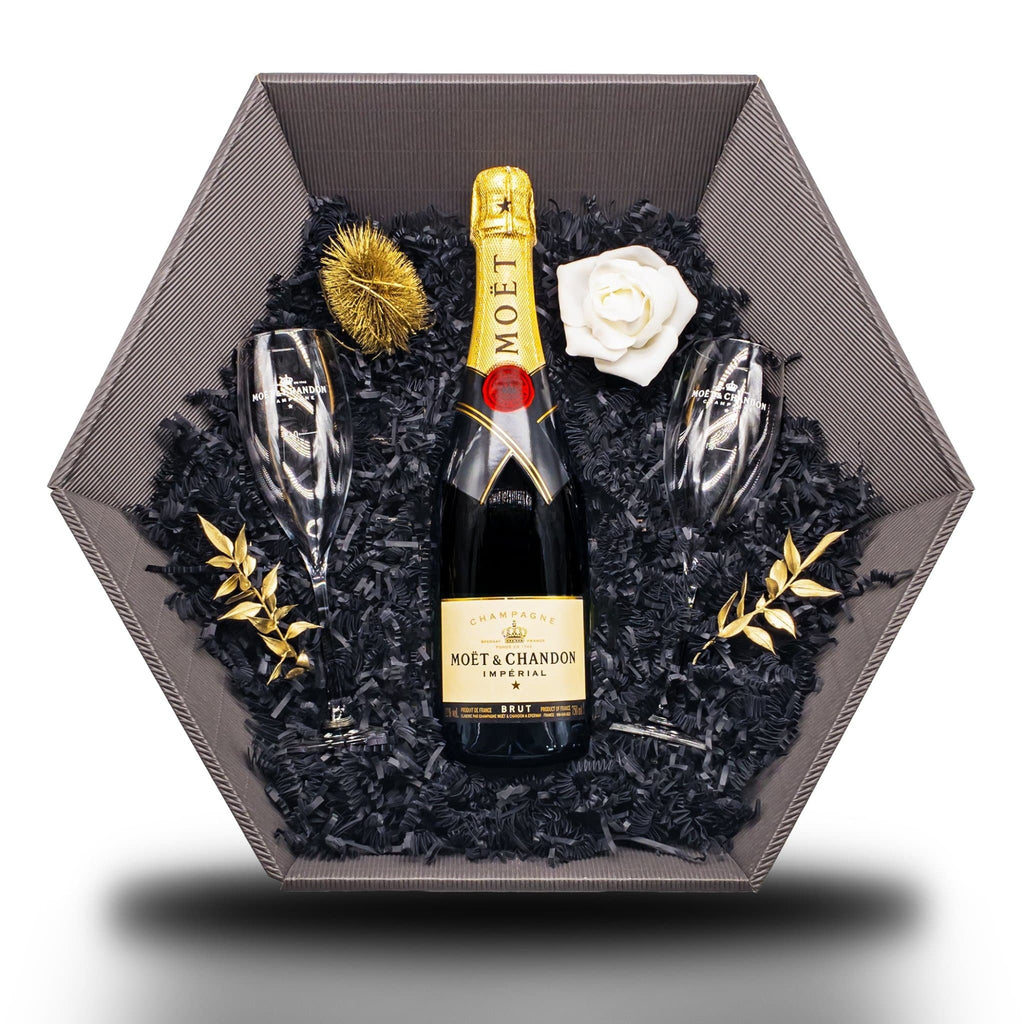 Le classique (Moët & Chandon Impérial Brut 12% 0,75 l) Geschenkkorb Champagner & Moët-Gläser LIMITIERT - Liwaldo