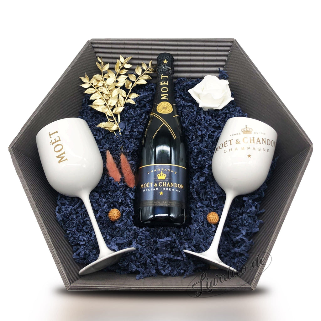 White Nectar (Moët & Chandon N.I. Champagne 12% 0,75 l) Geschenkkorb Champagner & Moët Ice Kelche LIMITIERT - Liwaldo